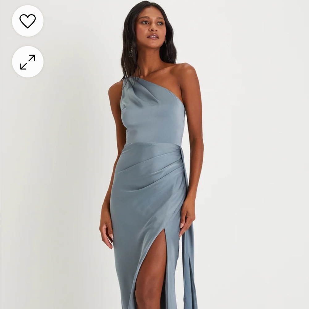 Signature Elegance Slate Blue Satin One-Shoulder Maxi Dress